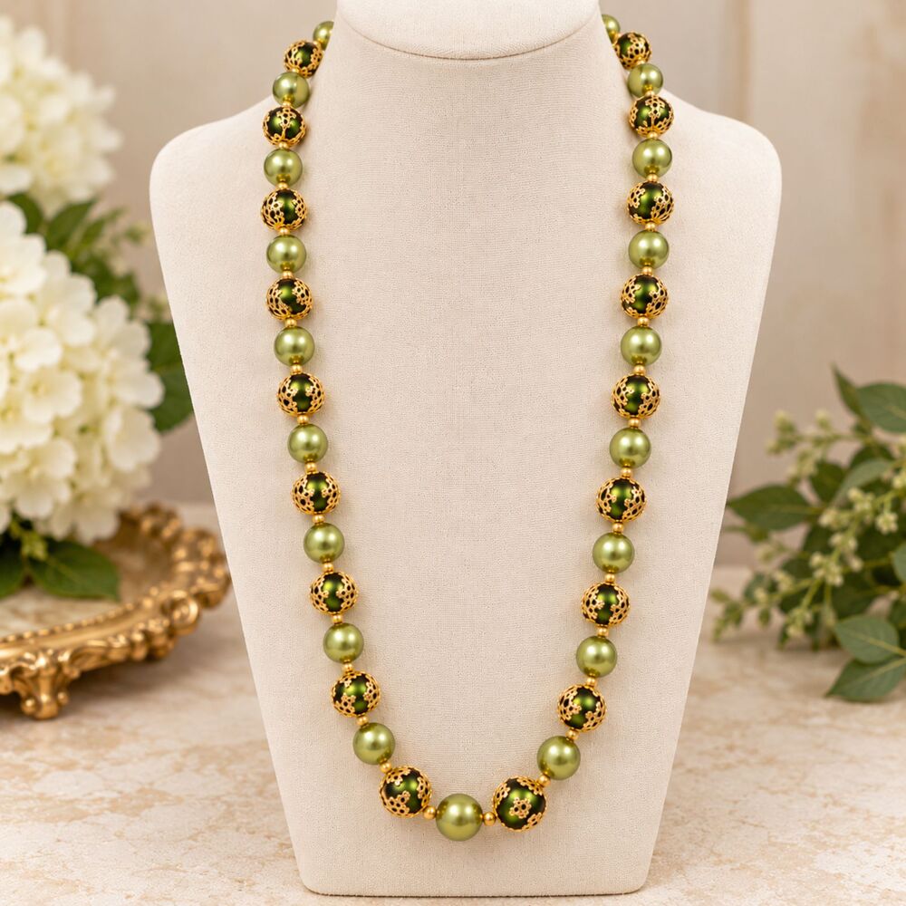Vintage Green Beaded Necklace Gold Tone Filigree Accents Long Statement 34"